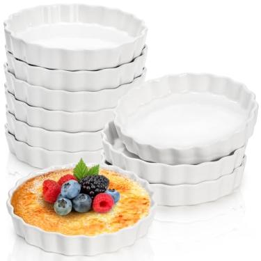 Imagem de Foraineam Pacote com 10 ramequins creme Brulee de 227 g, pratos de quiche redondos canelados, 15 cm, forma de torta de porcelana, assadeira rasa, seguro para assar suflê, torta de maçã, quiche, torta