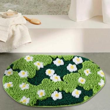 Imagem de Ouyattle Tapete de musgo fofo, tapete de banho floral verde, tapete de banheiro estético, 61 cm L x 91 cm C, antiderrapante, lavável, moderno chique boho funky tapetes de área para quarto, cozinha,