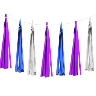 Imagem de PATIKIL Faixa de guirlanda de borla, 15 peças de papel de seda, borlas, decoração de festa, kits DIY para chá de panela, chá de noiva, azul marinho, prata/roxo