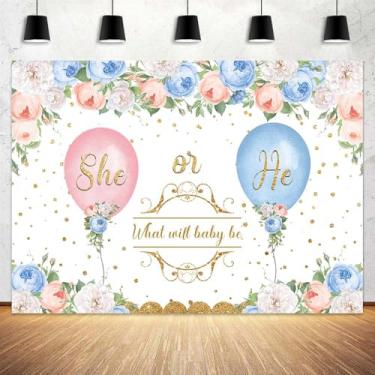 Imagem de 3 x 2,4 m, pano de fundo revelador de gênero para bebês para meninos ou meninas, decoração de festa de gênero para chá de bebê, rosa ou azul, balões florais, banner, adereços de estúdio fotográfico