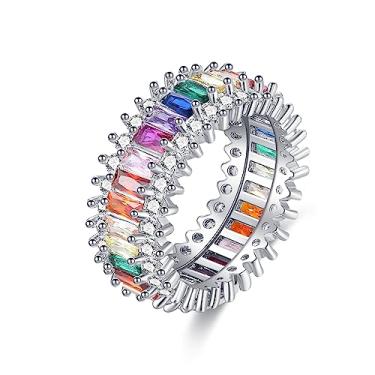 Imagem de Hius Anel feminino baguete arco-íris, corte esmeralda, eternidade, com zircônia cúbica colorida, anéis de pedras preciosas banhadas a ouro 18K, Strass, Strass