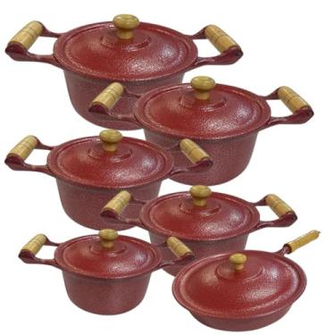 Imagem de Jogo de Panelas Vermelha com frigideira em Alumínio Batido Fundido 6 Peças Craquelada Grossa com Tampa De Alumínio
