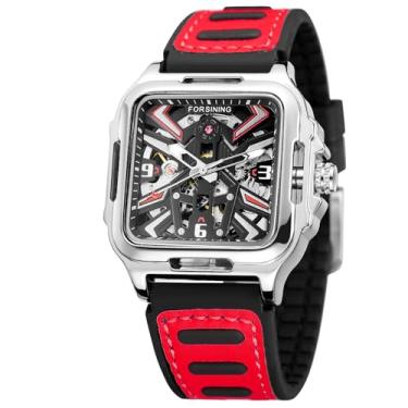 Imagem de FORSINING Relógio de pulso masculino de aço inoxidável automático esqueleto retrô quadrado com pulseira de silicone, Preto, prata e vermelho, Retrô