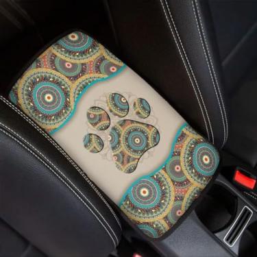 Imagem de Coldinair Capa de apoio de braço de carro asteca boho, almofada de console central de carro pata de cachorro, almofada protetora de caixa de assento macia, acessórios de decoração para a maioria dos