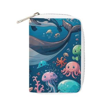 Imagem de NTVOWPZO Carteira masculina com suporte de cartão de crédito macio para cartões de visita, baleia, golfinho, polvo, capa com zíper