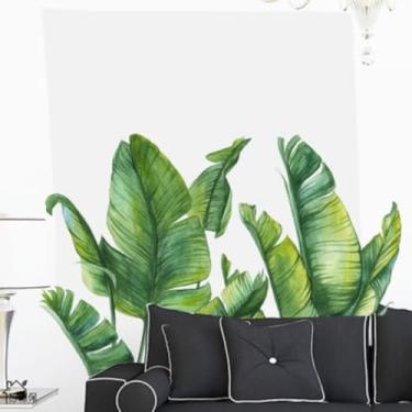 Imagem de Decalques de parede de folhas tropicais de folhas de bananeira - Adesivos de parede impermeáveis verdes com folhas naturais para quarto, sala de estar, sofá, TV, fundo, decoração de parede