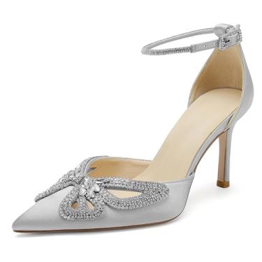 Imagem de Jishevous Sapatos femininos fechados de bico fino com laço de strass brilhante sapatos de casamento salto agulha alto cetim tira no tornozelo salto alto sandálias vestido de formatura, Prata, 36