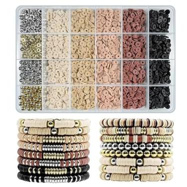 Imagem de Kit de contas de argila de polímero para joias DIY – com cordão elástico, contas espaçadoras, contas heishi planas coloridas – ideal para fazer pulseiras e colar (preto e café)