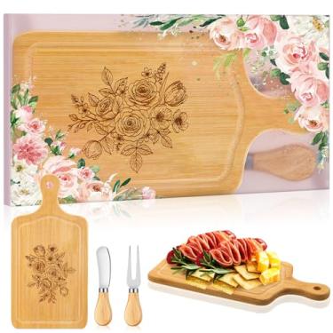 Imagem de Nuenen Prêmios de jogo de chá de bebê floral rosa blush para vencedores tábua de queijo quadrada de madeira presente com garfo de faca, caixa temática, lembrancinhas de festa de casamento para