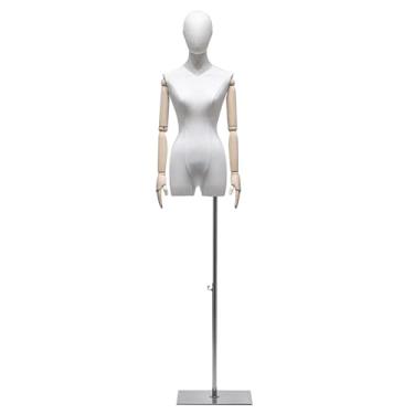 Imagem de Mannequin Torso de manequim feminino coberto com tecido de linho, cabeça de braço de madeira maciça ajustável, suporte de manequim removível com base de metal(White)