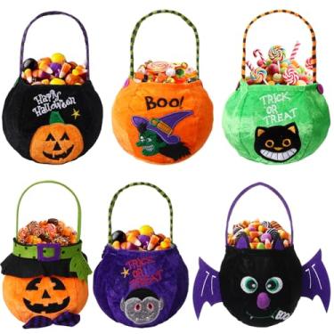 Imagem de Sadnyy Balde de pelúcia de abóbora de Halloween, 6 peças, baldes de doces ou travessuras, cesta de doces de monstro com alça suporte de presente portátil para lembrancinhas de festa de Halloween