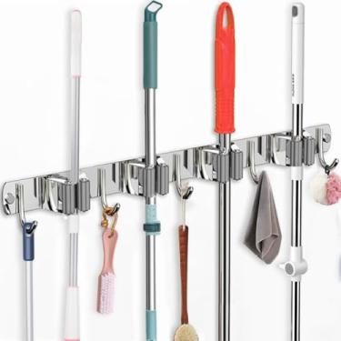 Imagem de Suporte de Vassoura e Rodo para Parede Aço Inox com 4 Ganchos Organizador de Ferramenta Fixação com Adesivo Mundo F&s