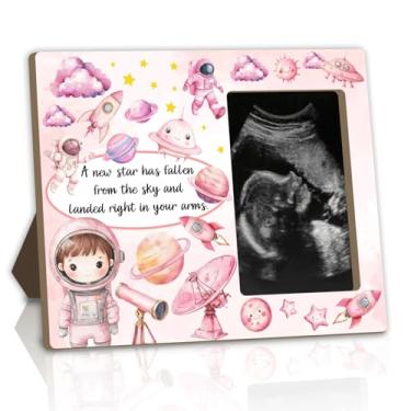 Imagem de wuguimeii Moldura de ultrassom para bebês com tema de menina cósmica rosa, lembrança de ultrassom, decorações de chá de bebê, presentes de gravidez, revelação de gênero, moldura de memória de anúncio