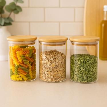 Imagem de Kit 3 Potes de Vidro Redondo com Tampa de Bambu 800 ml Hermético