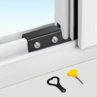 Imagem de Fechaduras de janela deslizante com chave – Pacote com 2 travas ajustáveis para janelas e portas deslizantes verticais e horizontais, sem instalação de broca, trava de segurança e segurança infantil