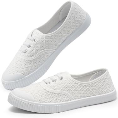 Imagem de Harvest Land Tênis feminino de lona, cano baixo, sem cadarço, feminino, moderno, tênis de caminhada, Flor branca, 38