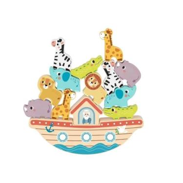 Imagem de Tooky Toy Brinquedo Educativo Madeira Blocos Equilíbrio Arca de Noé 2 em 1 15 Peças