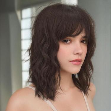 Imagem de Peruca curta sintética marrom MINLEE 35 cm com franja feminina