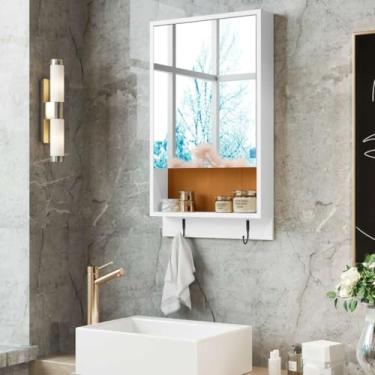 Imagem de Armário de Banheiro C/Espelho, 60cm, Gabinete Suspenso Organizador, Nicho Aberto e Ganchos Para Toalhas, Porta Cosméticos, 32cm Largura (Branco/Nature)