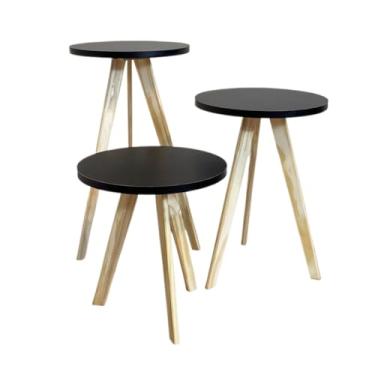 Imagem de Kit Trio Jogo de Mesinha Lateral Redonda, Sala, Pé Palito Retro, Mesa de Cabeceira, Centro e Canto(Conjunto 3 Mesas Pretas)