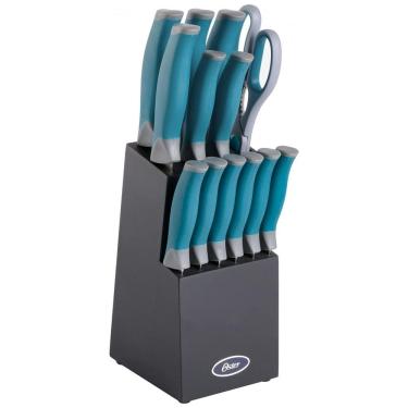 Imagem de Conjunto de Facas em Aço Inoxidável com Bloco de Bancada, 14 Peças, Oster, Azul e Cinza