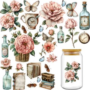 Imagem de UV DTF Cup Wraps Transfer - 16 padrões retrô folwer de garrafas, livros, adesivo de copo UV DTF para caneca garrafa de água de vidro, artesanato DIY para notebook, bagagem, laptop, carro, decalque de