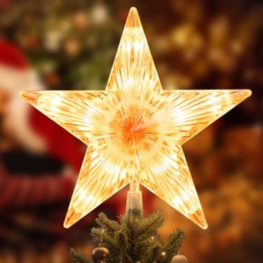 Imagem de 1 peça de enfeite de árvore de Natal, luz de estrela, 23 cm, iluminada por LED, operada por bateria, topo decorativo multicolorido, para exibição de árvore de Natal (cor quente)
