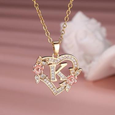 Imagem de Colar feminino com pingente de coração e flor, 26 letras, ouro de aço inoxidável - joia personalizada em tom, Onesize, Aço inoxidável, Strass