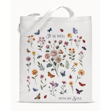 Imagem de Sacola feminina de lona floral Christian Gifts Versículo da Bíblia It is Well With My Soul Estética Bolsa de ombro reutilizável para compras, trabalho, viagem, praia