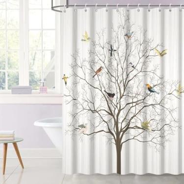 Imagem de OERJU Cortinas de chuveiro de pássaros para banheiro conjunto de cortina de chuveiro de pássaros no galho de árvore tecido de poliéster cortina de banho impermeável com ganchos banheiro banheira