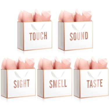 Imagem de Kolldenn Sacos de presente 5 sentidos para ele, Her Five Senses, bolsa de presente com alças de fita e papel de seda para presente para dia dos namorados, casamento, aniversário, dia das mães (ouro