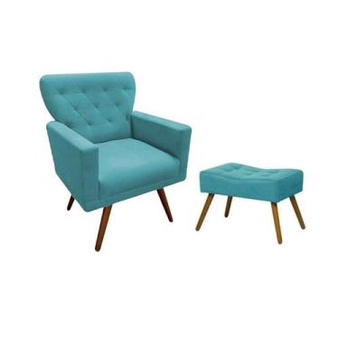 Imagem de Kit Poltrona Decorativa Aurora + 1 Puff Retangular Suede Azul Turquesa