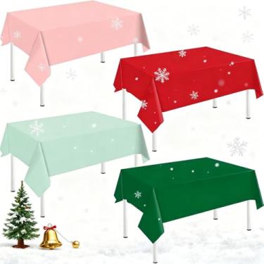 Imagem de Whaline Toalha de mesa retangular de plástico de Natal com 16 peças, rosa, vermelha, verde, impermeável, para decoração de Natal, inverno, 137 x 272 cm