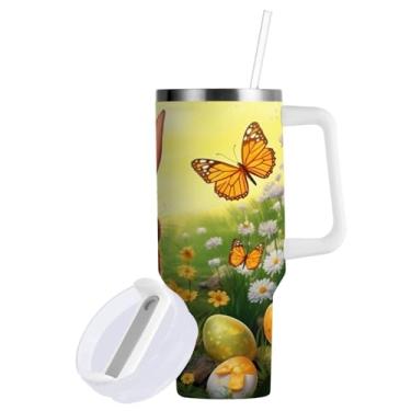 Imagem de Blueangle Copo de coelho fofo de Páscoa de 850 g com alça e tampa de palha, copo isolado reutilizável de aço inoxidável garrafa de água caneca de viagem (117)