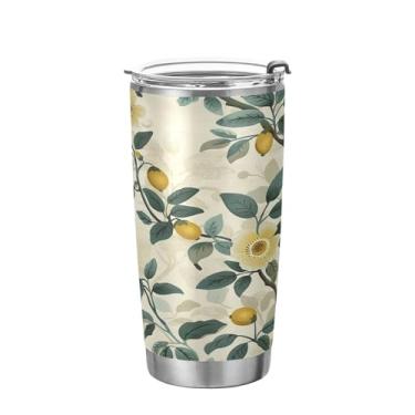 Imagem de xigua Copo de limão de verão com tampa de palha, caneca de viagem a vácuo de parede dupla, caneca de café bem isolada, copo de aço inoxidável para bebidas quentes e frias, 600 ml