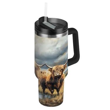 Imagem de SEHANY Copo Highland Cow 1,134 g com tampa e canudo, aço inoxidável de vácuo duplo isolado garrafa de água esportiva suporte para copo de café de viagem à prova de vazamento para bebida gelada