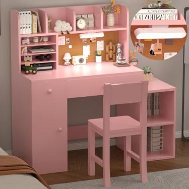 Imagem de RUPOLX Wooden Pink Kids Study Desk and Chair Set with Light, 2 Drawers and 4 Storage Cabinets, Children Desk with 4 Open Hutch and Shelves, Girls Study Desk for Kids Bedroom-001