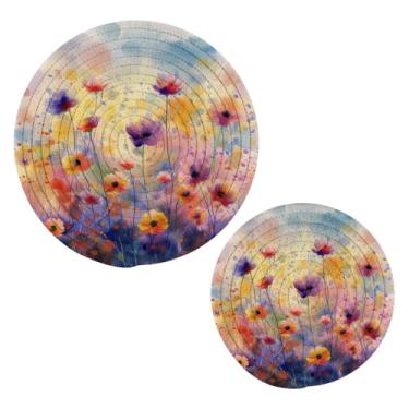 Imagem de Blueangle 2 peças de suporte de panela para pintura de flores coloridas - conjunto de pegadores de panela de tecido redondo - almofadas quentes trançadas de algodão - porta-copos - tapetes de mesa