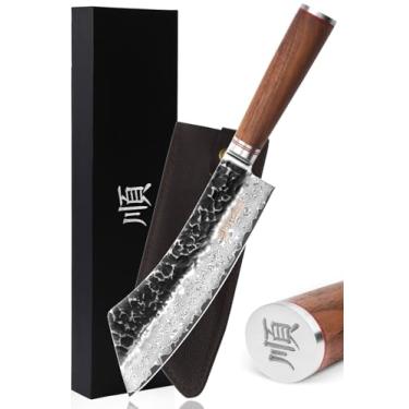 Imagem de YOUSUNLONG Faca de carne assada japonesa VG10 de aço damasco martelado de 22,86 cm - fatiador de carne, churrasco, carne picada - Cabo de madeira de nogueira natural com bainha de couro