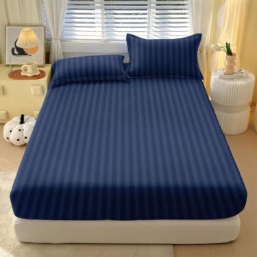 Imagem de Jogo de lençol com de 02 03 Preço Não Desbota Conjunto de Capa de Colchão Solteiro Casal Queen King(14# AZUL MARINHO Listrado,KING)