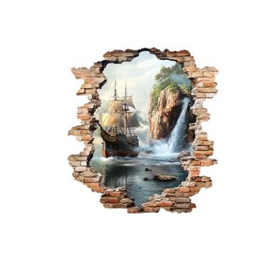Imagem de MaiKeAYang Decalques de parede 3D murais removíveis vinil paredes decorações veleiro rio cachoeira para sala de estar quartos de bebê quarto banheiro casa parede decoração DIY