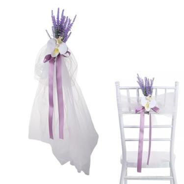 Imagem de HeartYue Cadeira de casamento floral de tule lavanda encosto orquídea artificial flores de lavanda com tule, decoração lateral traseira para cerimônia de casamento, festa de igreja