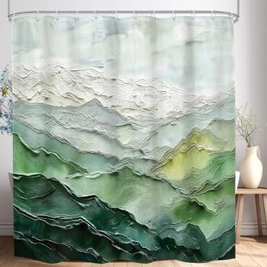 Imagem de Mitpok Cortina de chuveiro longa Green Mountain 72Lx78H natureza abstrata minimalista colinas pintura a óleo natural moderna paisagem decoração simples banheiro cortina de banho estética poliéster