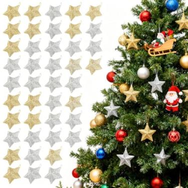 Imagem de VOSAREA 60 peças de estrela com glitter de árvore de Natal: enfeites de pendurar estrelas de cinco pontas com glitter para árvore de Natal - Ornamento de pendurar de Natal dourado e prata