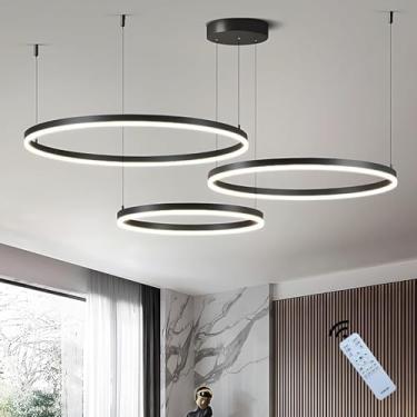 Imagem de Luminária pendente LED redonda moderna com intensidade regulável, 3 anéis de brilho e altura ajustável. Ideal para sala de estar, quarto, sala de jantar, hall de entrada, ilha de cozinha e e