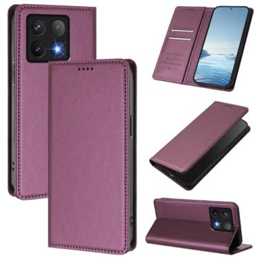 Imagem de Capa carteira fina para Xiaomi 14T Pro 5G com capa flip magnética, compartimentos para cartões e suporte, bloqueio RFID, compatível com carregamento sem fio, capa protetora à prova de choque (roxo
