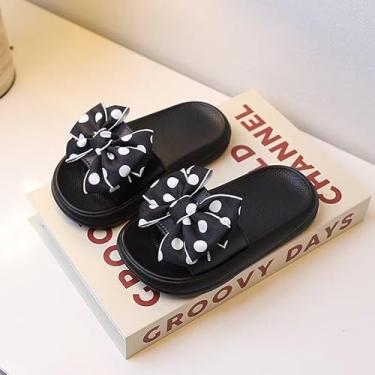 Imagem de Chinelos infantis com laço – sapatos fofos com sola antiderrapante para meninas, chinelos de uso interno, Preto, 9-9.5 Toddler