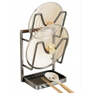 Imagem de wanhaoshangmao Novo suporte de tampa de panela estilo bancada, rack de armazenamento de cozinha, dispositivo de colocação multifuncional, tábua de corte, rack de armazenamento de tábua de vegetais