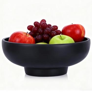 Imagem de XIYOUQI Tigela de pedestal decorativa preta – Tigela de frutas de resina fosca de 29 cm para balcão de cozinha, mesa de centro, entrada ou mesa de jantar – Tigela central moderna para chaves, doces ou