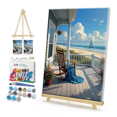 Imagem de HeeBenor Kit de pintura emoldurada por números para adultos, pintura de paisagem por número com cavalete, pintura a óleo de praia DIY por número, kits de pintura para adultos por números, tela